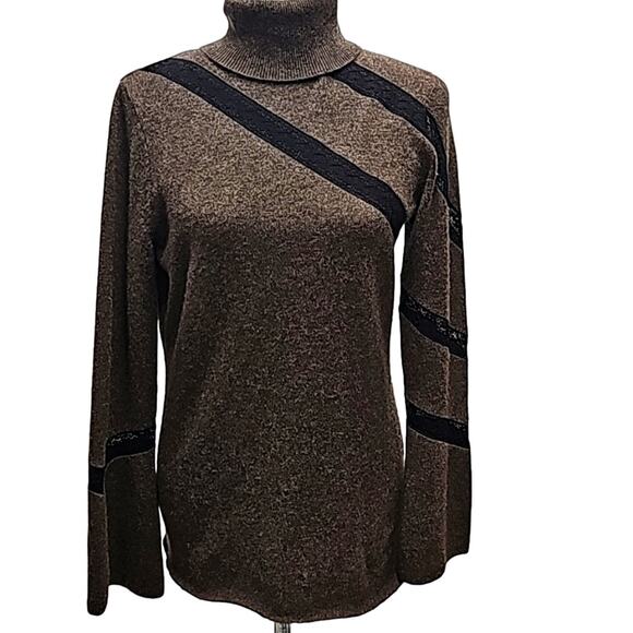 Sophiacashmere Women 100% Cashmere Lightweight Brown w/Black Lace Sweater Size M - Picture 1 of 8